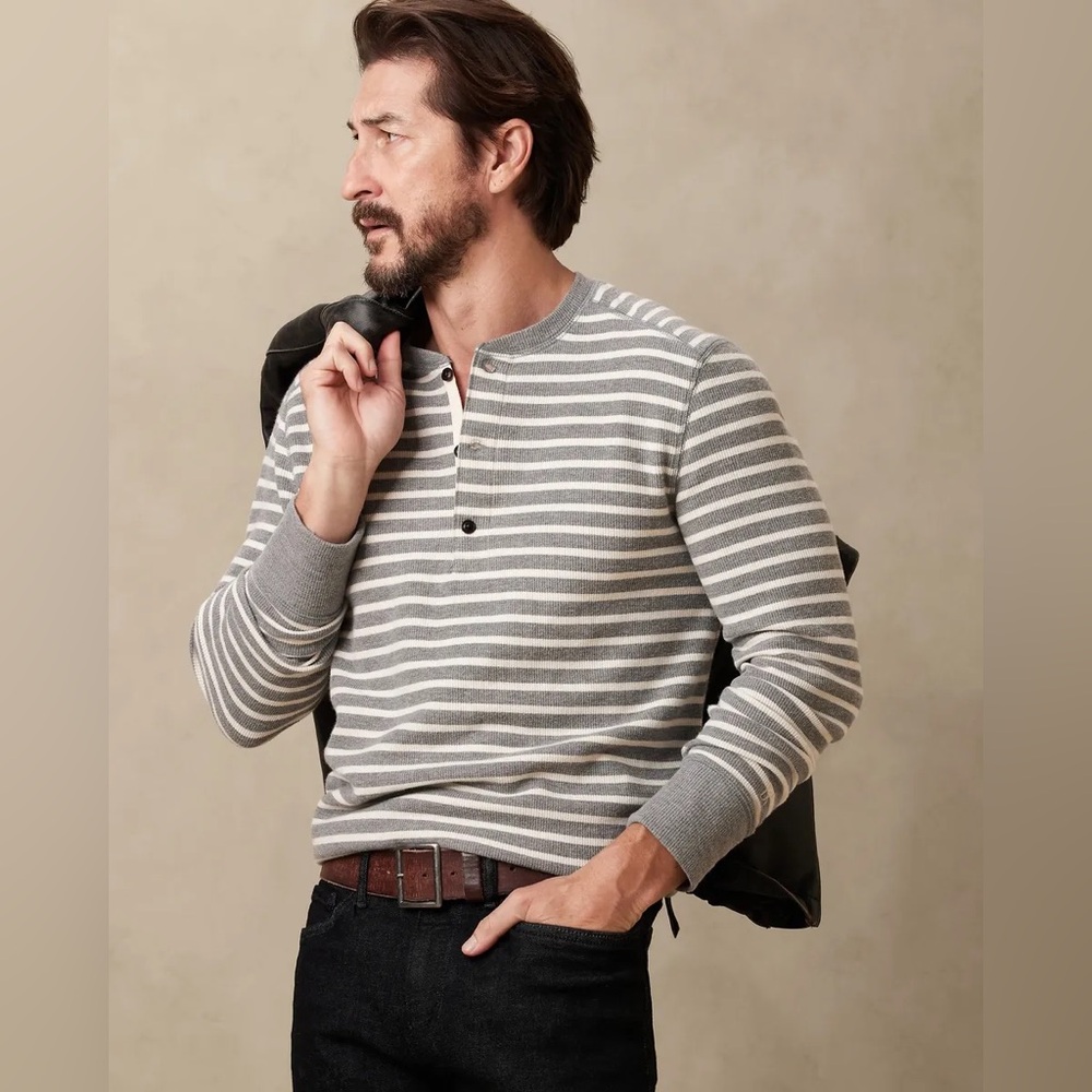 BANANA REPUBLIC Men Long Sleeve Striped Waffle Knit Thermal Henley Size Small